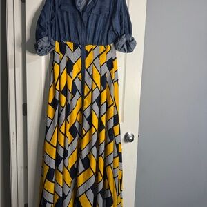 Stylish Denim and Yellow Geometric Maxi Dress
